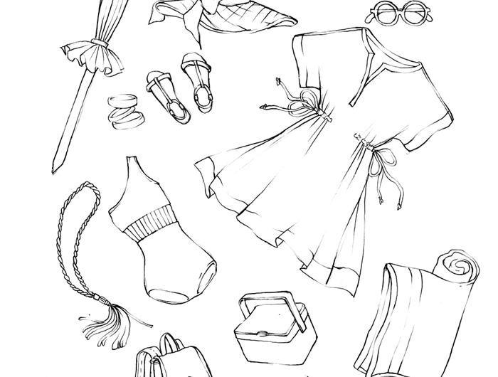accessoires d été illustration parasol capelie sandales dessin pour fille sac à dos robe d été lunettes de soleil maillot bijoux