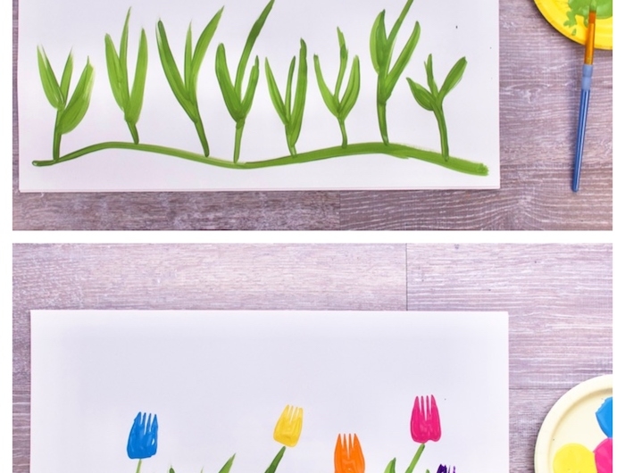 activité manuelle maternelle dessin peinture fleurs en empreintes de fourchette sur bout de papier vierge