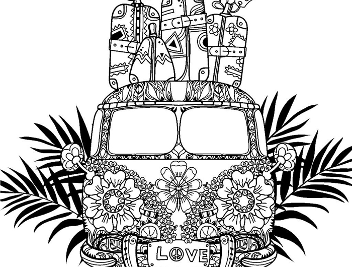 art antistress adulte coloriage mandala dessin de vacances voyage véhicule motifs flourax hippie aventure vie nomade valises