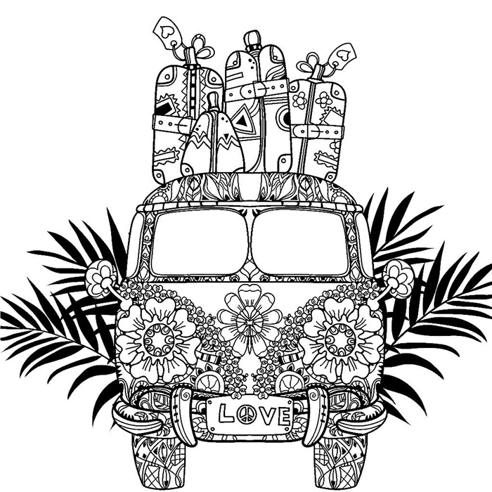 art antistress adulte coloriage mandala dessin de vacances voyage véhicule motifs flourax hippie aventure vie nomade valises