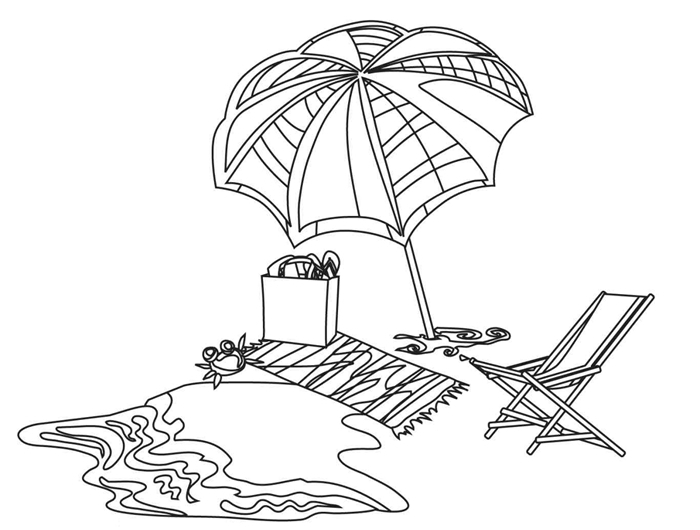art méditation illustration blanc et noir repos vacances parasol chaiselongue serviette plage jouets enfants mer dessin d été
