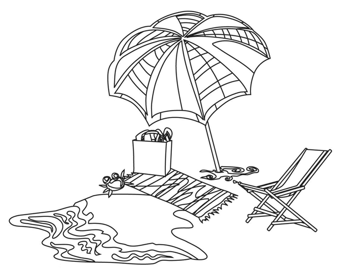 art méditation illustration blanc et noir repos vacances parasol chaiselongue serviette plage jouets enfants mer dessin d été