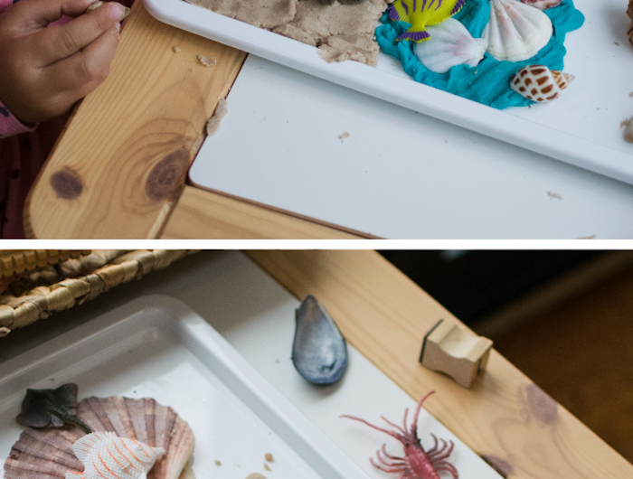 atelier creatif enfant pâte à sel avec su sable imitation fonds marins décoration de coquillages figurines fonds marins