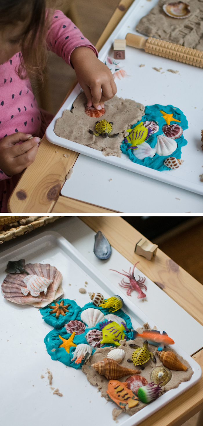 atelier creatif enfant pâte à sel avec su sable imitation fonds marins décoration de coquillages figurines fonds marins
