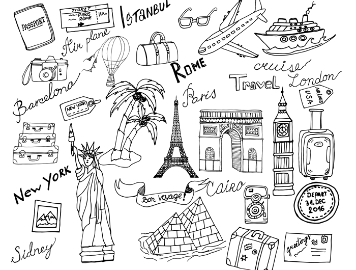 aventure dessin blanc et noir visite pays tourisme coloriage vacances été destination voyage été endroits tourtistiques accessoires appareil photo