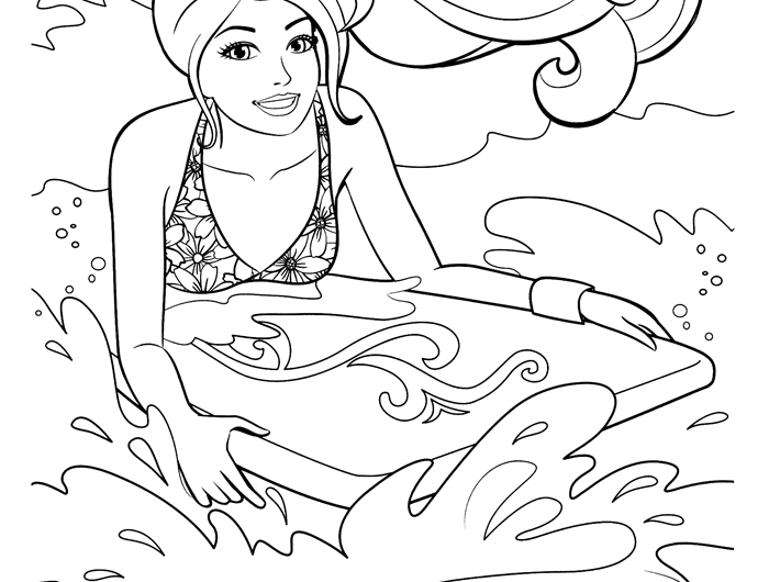barbie cheveux longs maillot motifs fleurs surf vague mer vacances été dessin pour fille coloriage thérapie dessin été plage