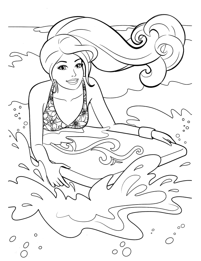 barbie cheveux longs maillot motifs fleurs surf vague mer vacances été dessin pour fille coloriage thérapie dessin été plage