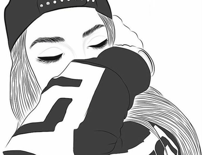 casquette noire sur la tête fille aux cheveux longs sweat shirt noir et gris dessin visage yeux fermés dessin tumblr facile idée de dessin à retracer image a copier