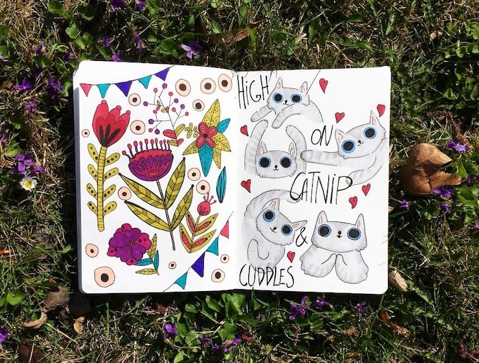 chat dessin dans cahier d esquises et page avec fleurs comment dessiner une fille inspiration dessin tumblr a copier