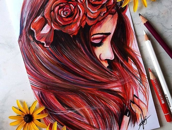 coloré dessin rouges cheveux couronne de roses belle fille portrait dessin fille noir et blanc swag dessins à faire soi meme