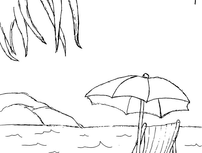 coloriage maternelle paysage nature île océan vague vacances d été repos mer soleil feuilles de palmier parasol chaise longue