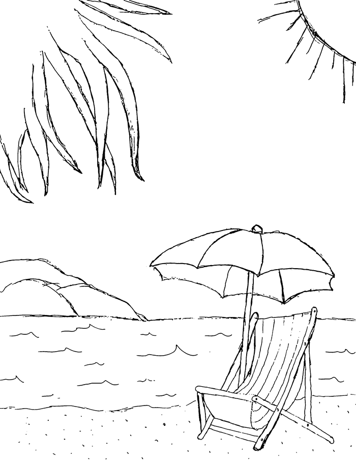 coloriage maternelle paysage nature île océan vague vacances d été repos mer soleil feuilles de palmier parasol chaise longue