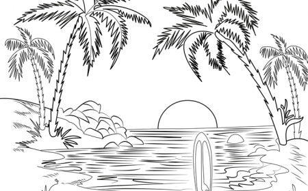 coloriage plage paysage nature coucher de soleil île palmier vague mer eau surf sable soleil lieu exotique dessin à imprimer