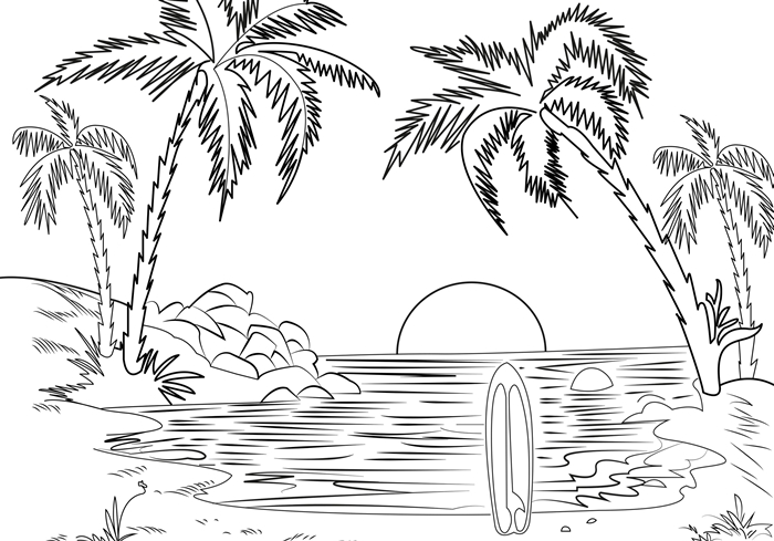 coloriage plage paysage nature coucher de soleil île palmier vague mer eau surf sable soleil lieu exotique dessin à imprimer