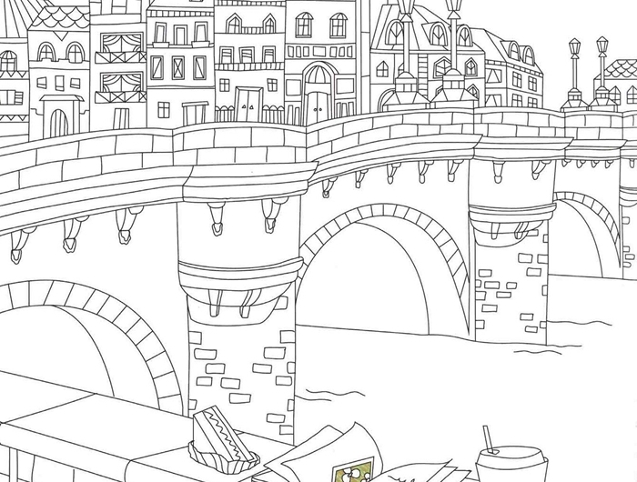 coloriage vacances été aventure vacances d été voyage endroit visite lieu ville touristique pont bâtiments livre café gâteau