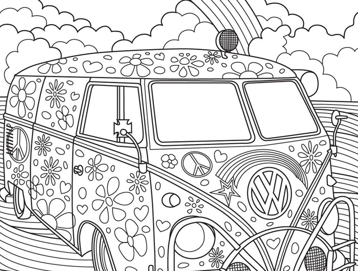 coloriage vacances été voyage aventure dessin hippie blanc et noir thérapie méditation loisir arc en ciel nuages véhicule fleurs