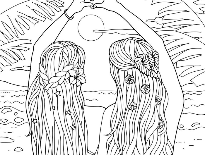 coloriage été amitié filles hippie vacances plage bord de mer soleil palmier cheveux tressés coiffure fleurs nuages bracelet vague mer