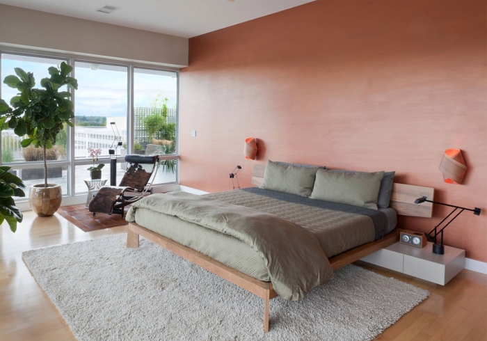 couleur terre cuite chambre moderne tapis moelleux blanc plantes vertes tête de lit bois cadre peinture tendance applique murale design