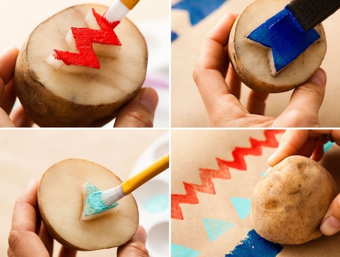 couper des motifs géométriques dans pomme de terre pour faire dessin enfant peinture maternelle idées de bricolage facile et créatif