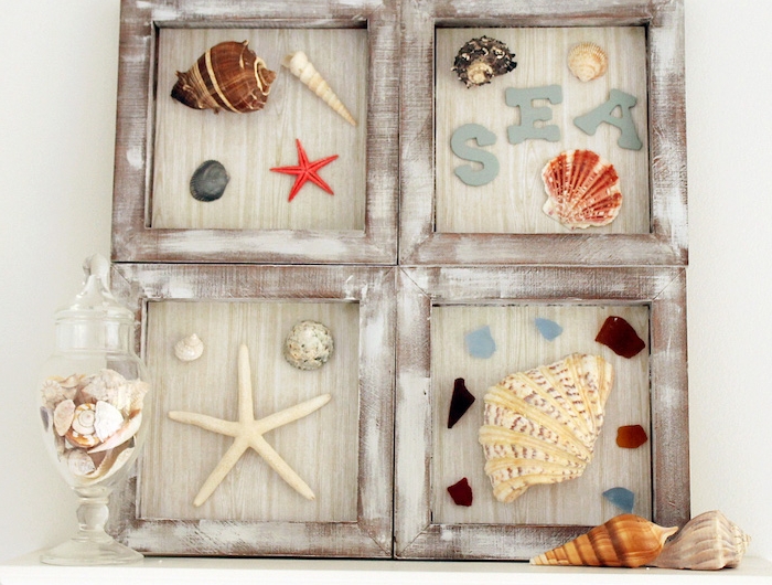 decoration bord de mer0maison avec des coquilles étoiles de mer galets dans cadres vintage blanchis activité manuelle facile et rapide