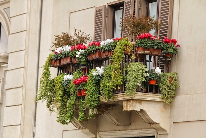 design extérieur idée aménagement petit balcon dissimuler vis à vis avec plantes fleuries jardinières pots fleurs cache balcon