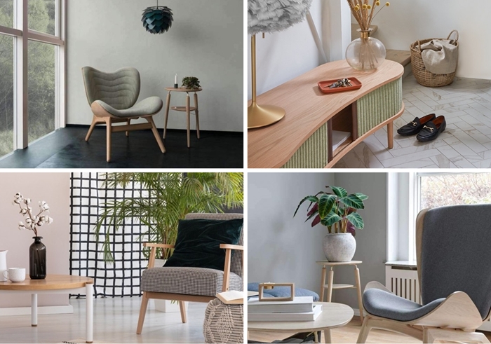 design interieur style moderne decoration salon fauteuil relax panier tresse meuble tv bois et rideaux en tissu vert