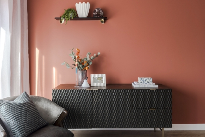 design salon aux murs terracotta meubles gris fauteuil velours gris anthracite armoire noire couleur de peinture pour salon moderne