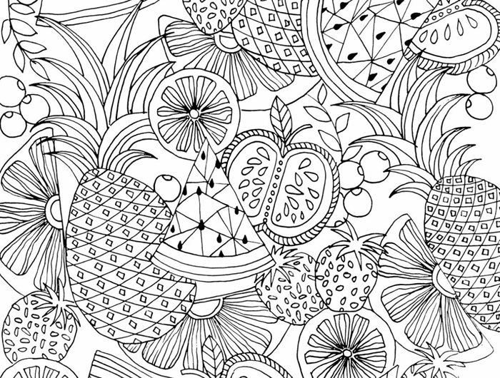 dessin a colorier et a imprimer motifs fruits saison été ananas pastèqe tranches citron pomme feuilles fraises pomegranade