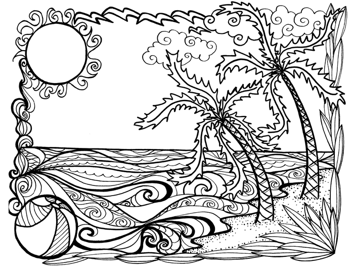 dessin d été soleil paysage lie exotique palmier vague océan dessin motifs mandala art méditation anti stress coloriage adulte