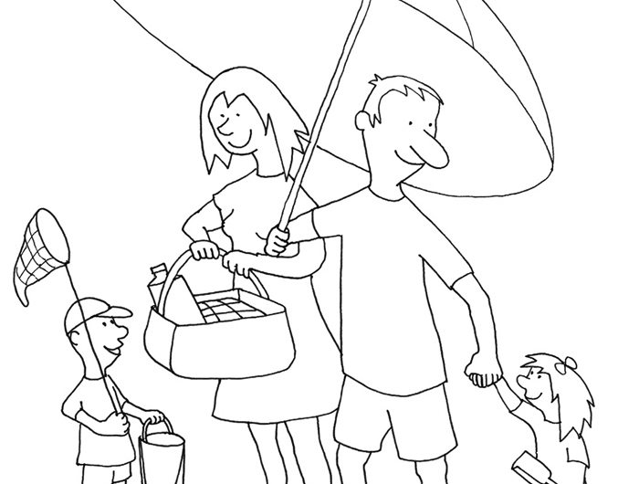 dessin de vacances famille repos au bord de mer vacances d été enfants et parent soleil parasol chien pique nique plage