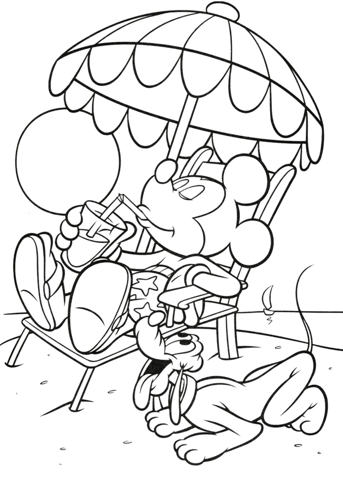 dessin facile pour enfant coloriage disney repos chaise longue soleil parasol boisson glacée été vacances chien mickey mouse coloriage