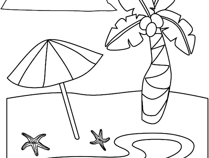 dessin facile pour enfant coloriage facile à imprimer paysage nature vacances d été parasol sable mer étoile de mer palmier nuage