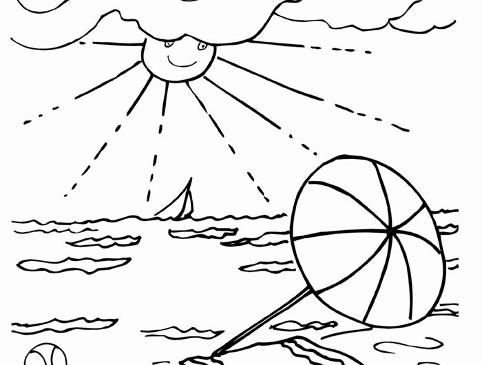 dessin pour garçon illustration facile à colorer parasol plage sable serviette vague mer soleil nuages oiseau paysage vacances