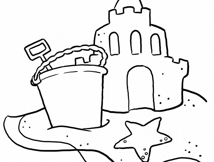 dessin simple à imprimer illustration facile blanc et noir sable château seau et pelle sable jeux enfant mer coloriage été maternelle
