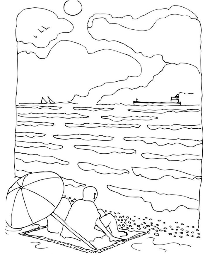dessin vacances été paysage nature vacances mer couple parasol serviette de plage vague mer soleil nuage oiseaux