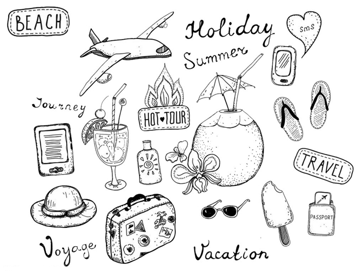 dessin vacances été voyage avion chapeau soleil cocktail aventure saison estival tongues crème glacée lunettes de soleil passeport illustration