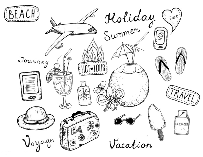 dessin vacances été voyage avion chapeau soleil cocktail aventure saison estival tongues crème glacée lunettes de soleil passeport illustration