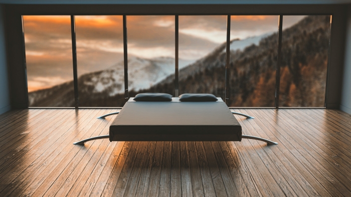 décoration domicile de style japonais lit bois revêtement de sol parquet bois fenêtre minimalisme ameublement