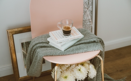 décoration intérieur cocooning design salon revêtement parquet bois chaise rose pastel pieds cuivre livre café plaid gris
