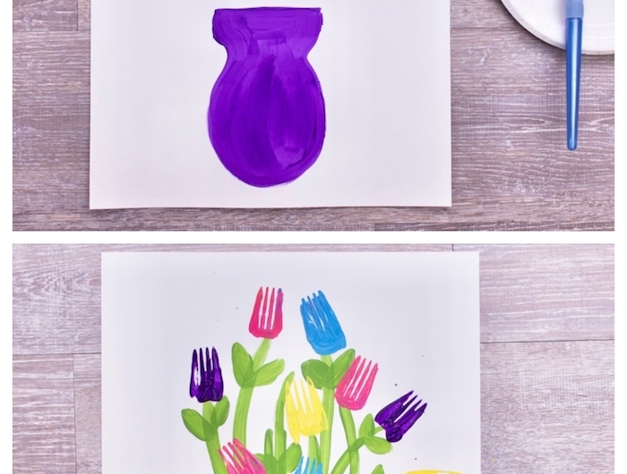 exemple d art enfant original atelier peinture pour enfant idée vase de fleurs en peinture et empreintes colorées de fourchette