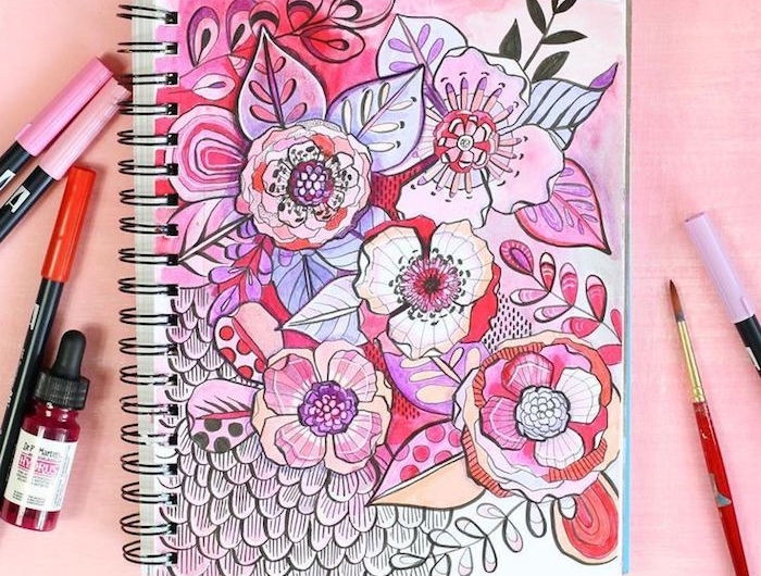 fleurs dessin coloré sur esquise cahier dessin tumblr comment faire un beau dessin pour débutant