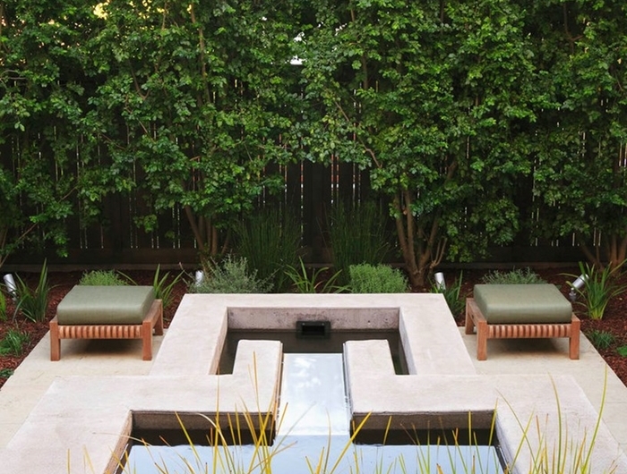 idee brise vue vegetal aménagement cour arrière avec piscine meubles extérieur en bois arbustes cache vue arbres arbustes