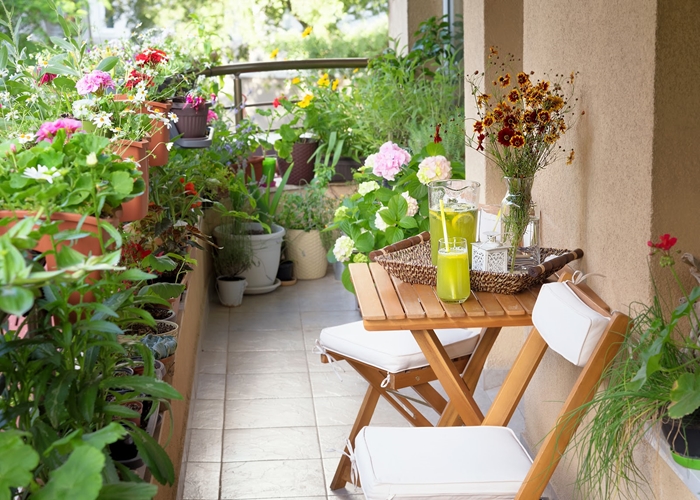 idee brise vue vegetal décoration petit balcon avec fleurs pots de fleurs terre cuite meubles bois table café chaise pliante