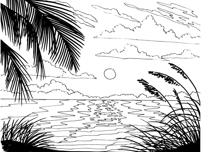 illustration blanc et noir paysage nature été vacances voyage repos bord de mer île exotique soleil nuages coloriage plage