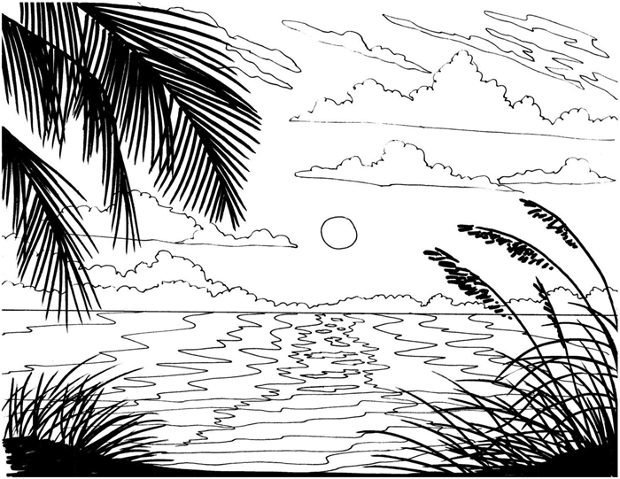 illustration blanc et noir paysage nature été vacances voyage repos bord de mer île exotique soleil nuages coloriage plage