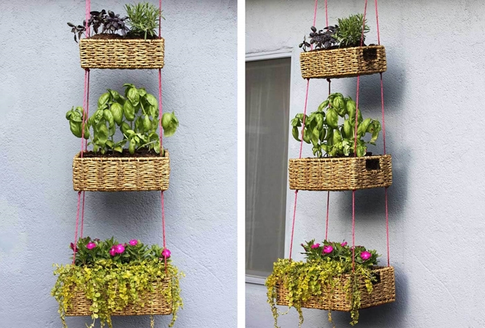 jardinière suspendue fabrication bricolage facile idée décoration balcon ou terrasse avec matériaux de récupération pot fleur en panier végétal