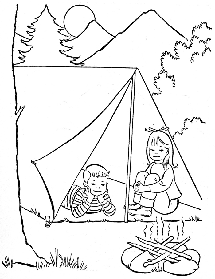 jeu enfant camping nature montagnes feu fille et garçon sapins colins soleil forêt dessin gratuit à imprimer vacances d été coloriage