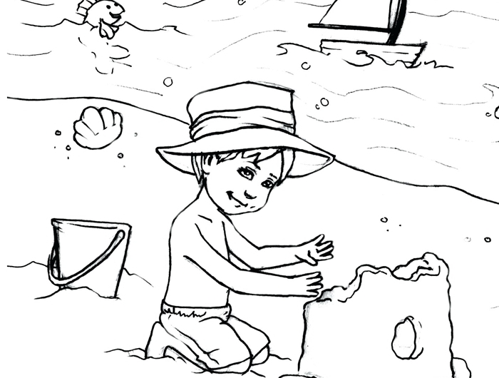 jeux enfant plage vacances d été illustration bateau mer poisson jouets de sable seau platique chateau sable dessin facile pour enfant