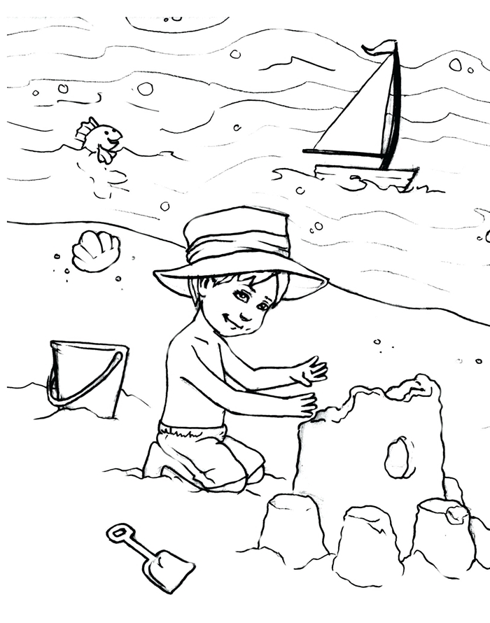 jeux enfant plage vacances d été illustration bateau mer poisson jouets de sable seau platique chateau sable dessin facile pour enfant