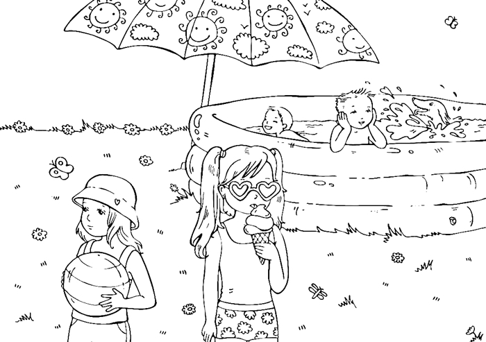 jeux enfants sur plage parasol motifs soleil coloriage maternelle petite fille maillot lunettes de soleil forme coeur chapeau plage